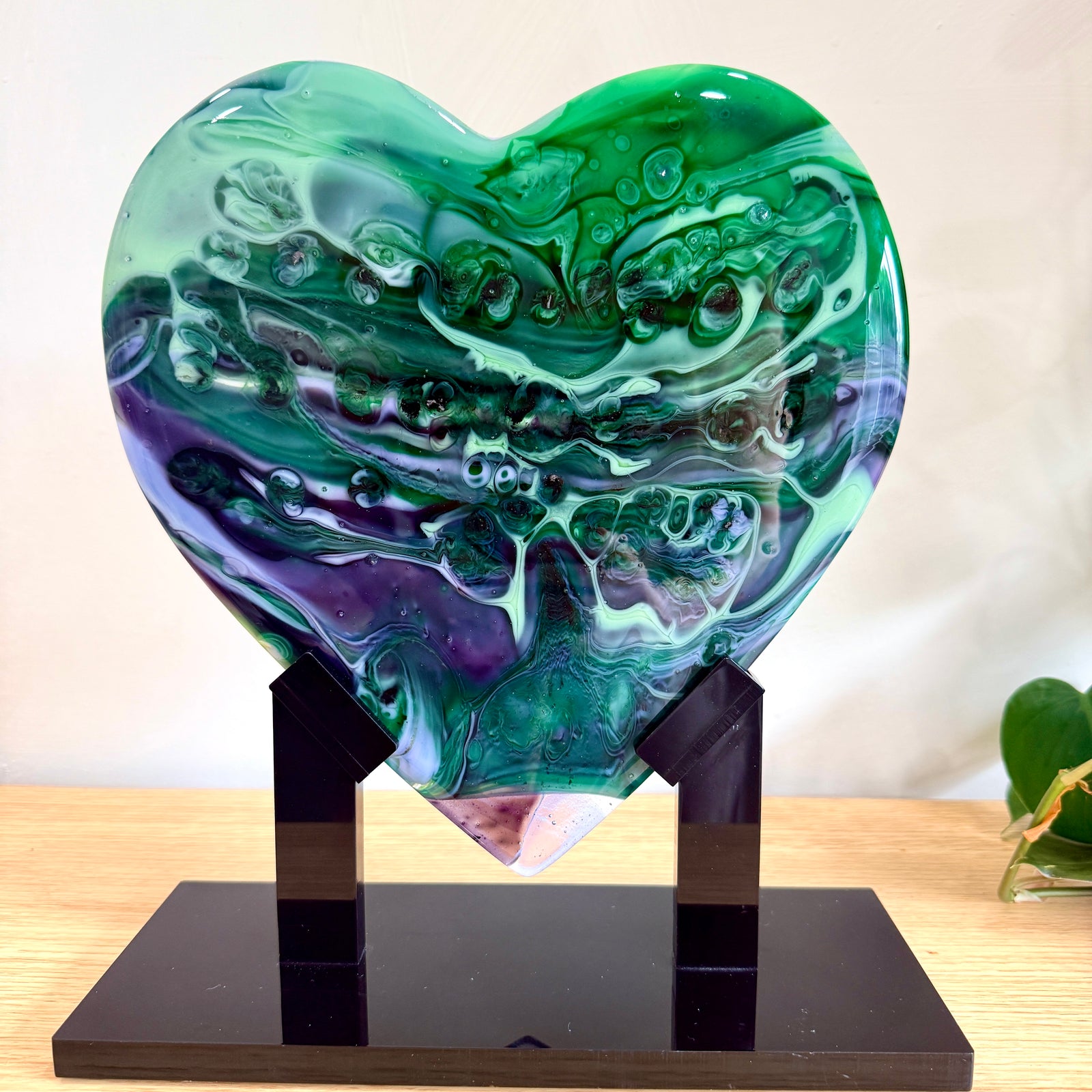 Green & Purple Glass Heart Sculpture