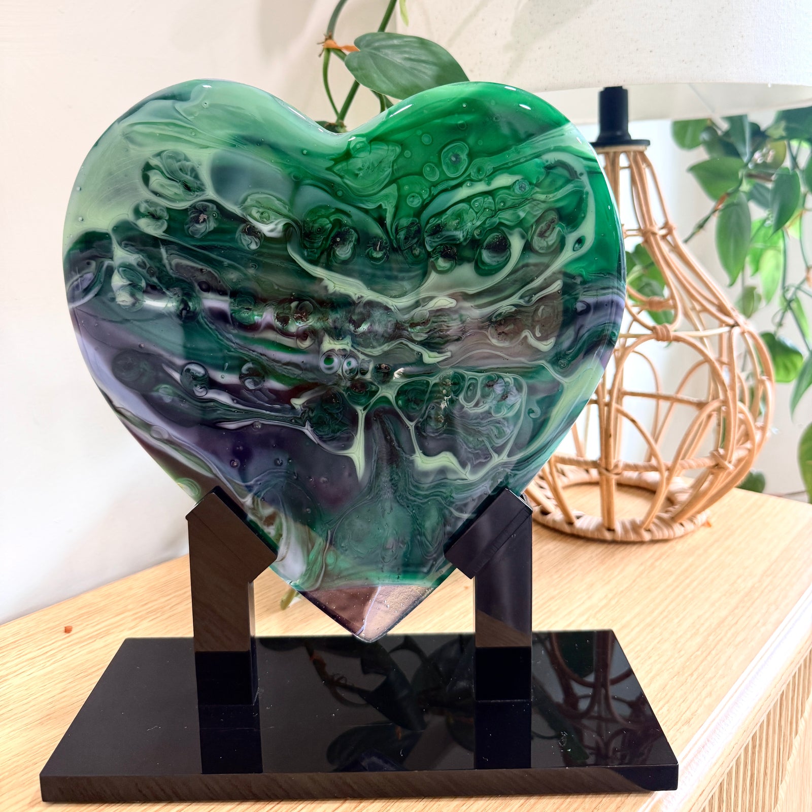 Green & Purple Glass Heart Sculpture