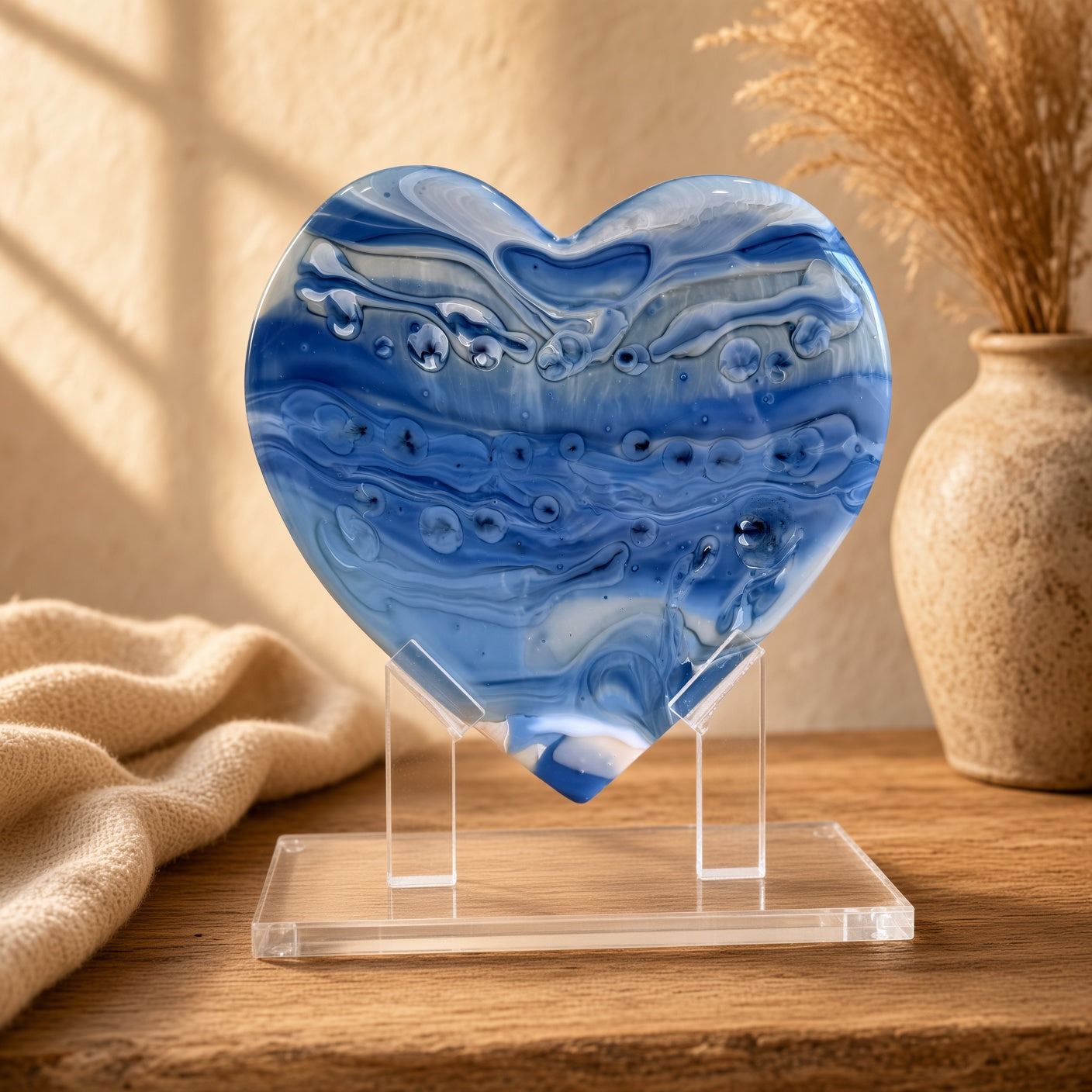 Periwinkle blue and white swirled glass heart sculpture on a clear acrylic stand on a wood table - handmade fused art glass keepsake