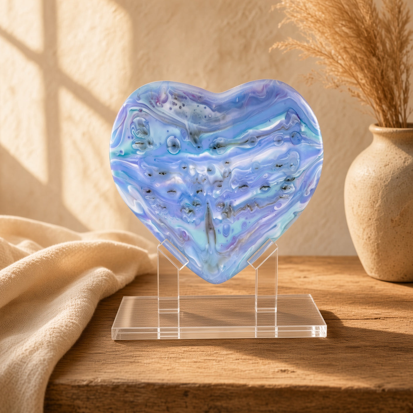 Pastel lavender and sky blue fused glass heart sculpture on clear acrylic stand, styled on a wood table with vase - handmade art glass gift