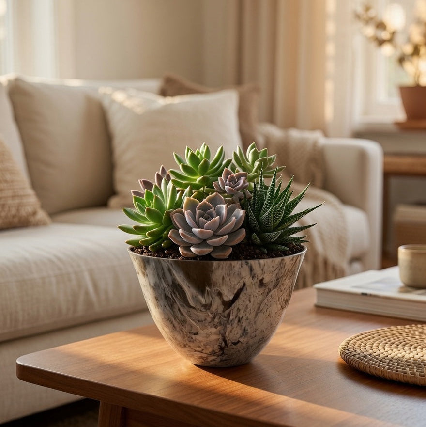 A potted succulent arrangement in a marbled gray and white ceramic pot, placed on a wooden coffee table in a warm, softly lit living room with a sofa in the background.