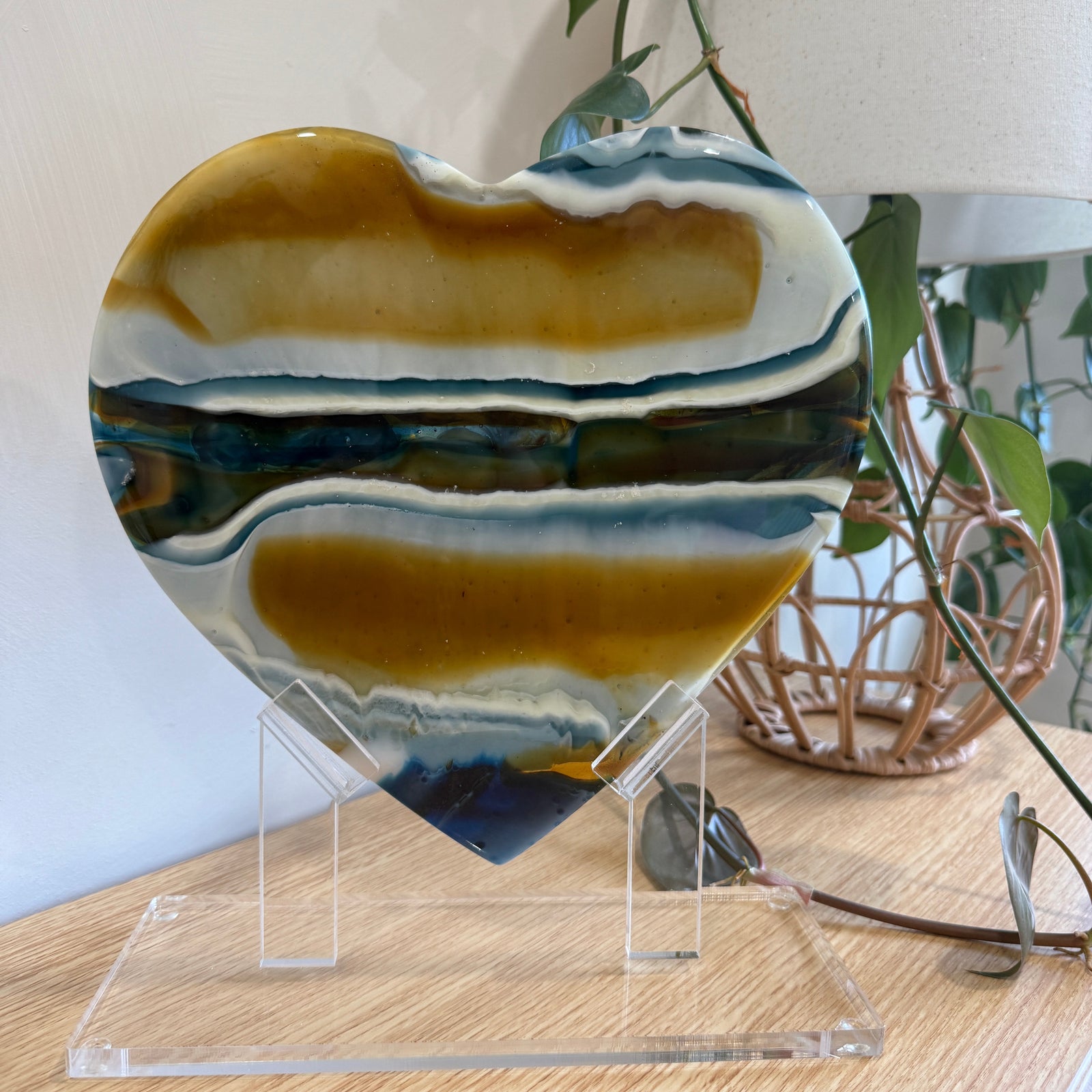 Amber & Navy Blue Glass Heart Sculpture