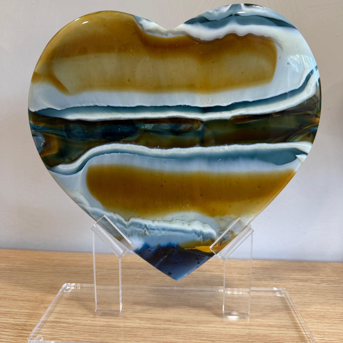 Amber &amp; Navy Blue Glass Heart Sculpture