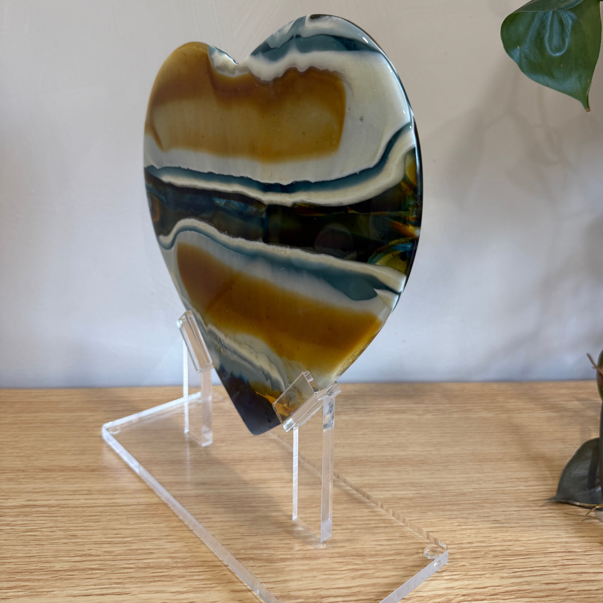 Amber & Navy Blue Glass Heart Sculpture