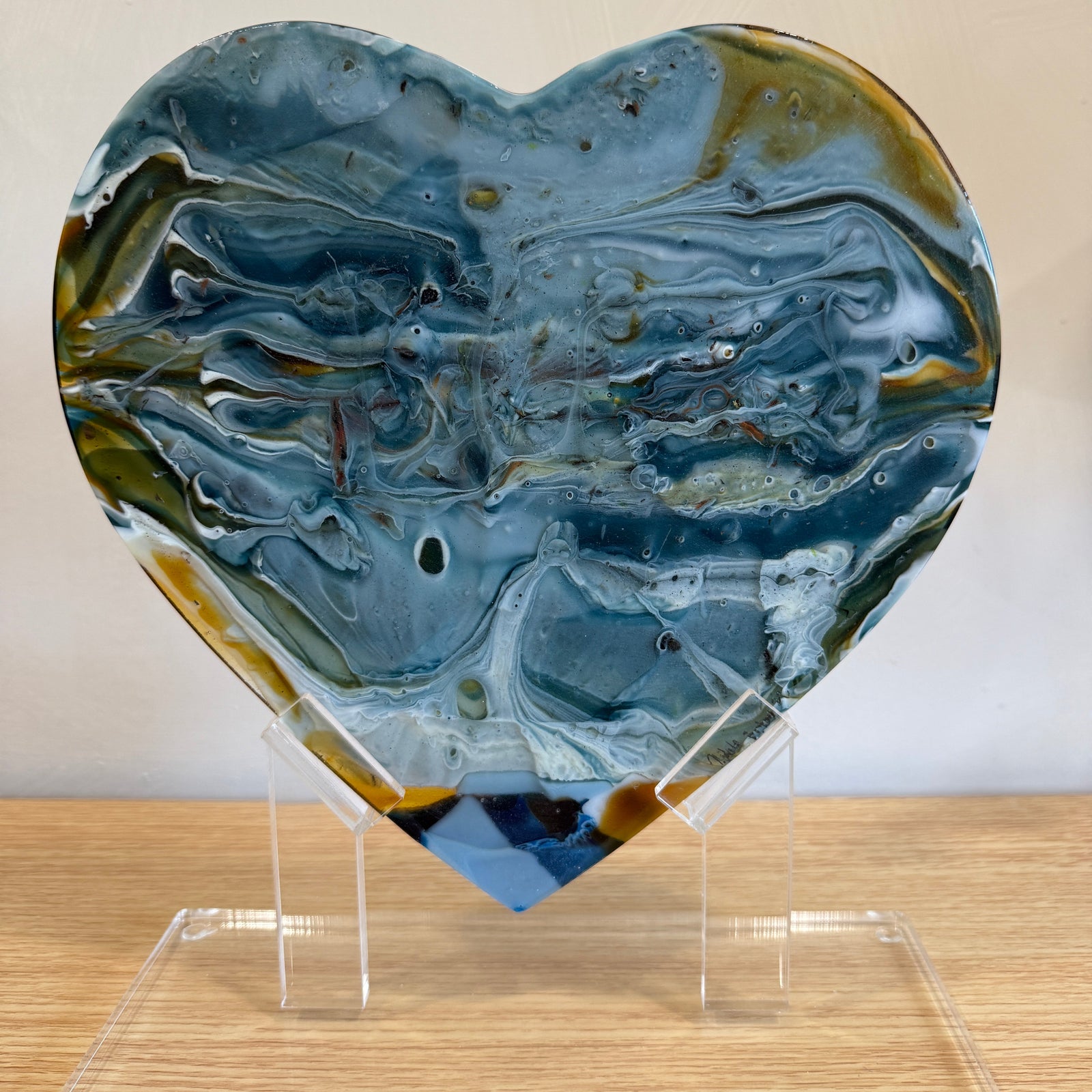 Amber & Navy Blue Glass Heart Sculpture