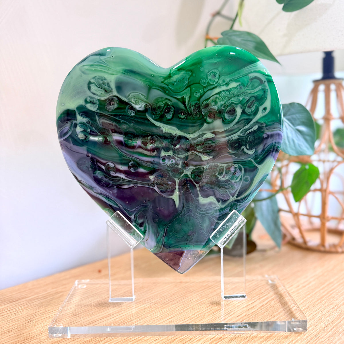 Green & Purple Glass Heart Sculpture