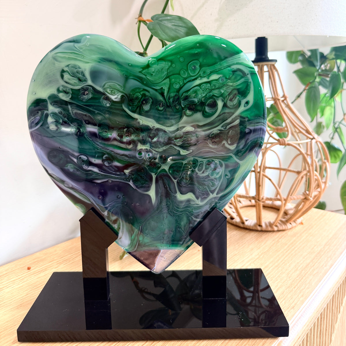 Green & Purple Glass Heart Sculpture