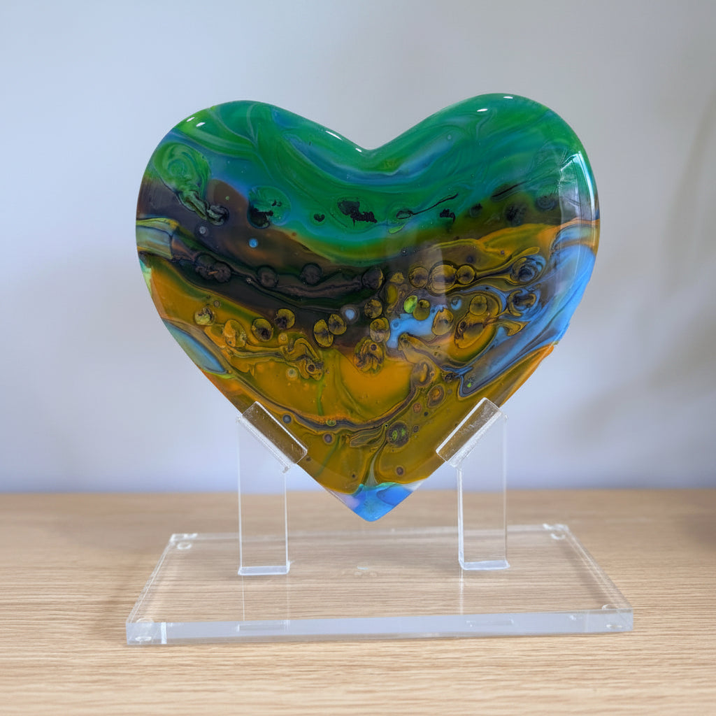 Green & Orange Glass Heart Sculpture