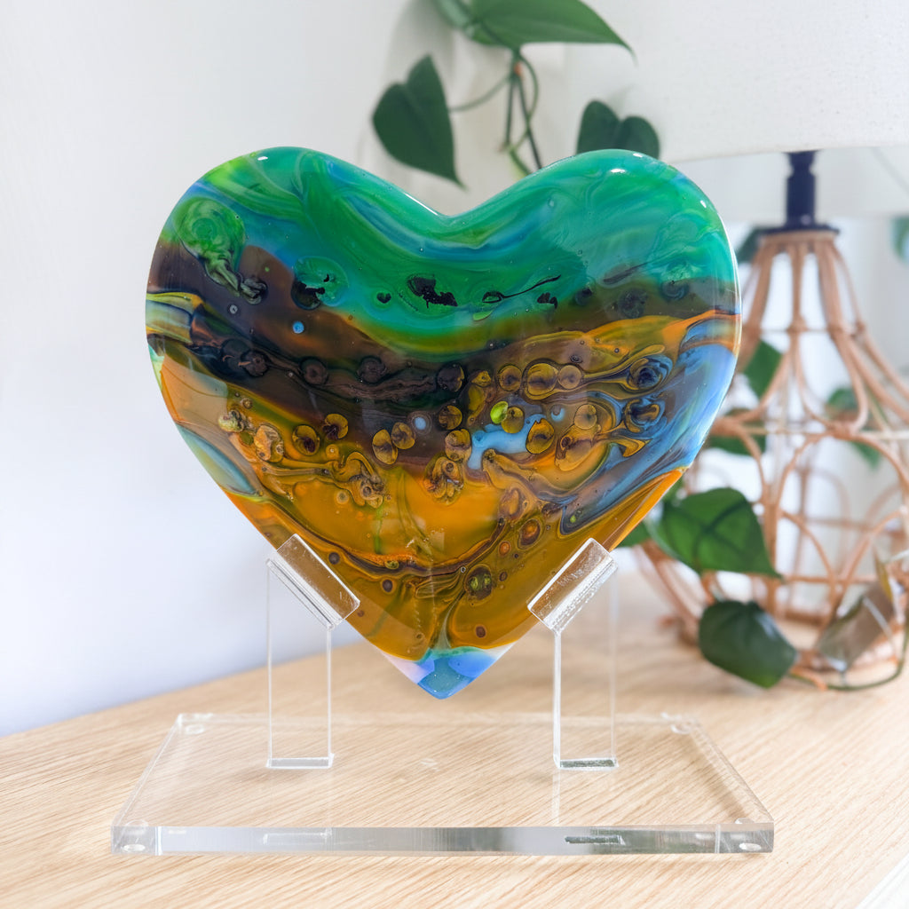 Green & Orange Glass Heart Sculpture