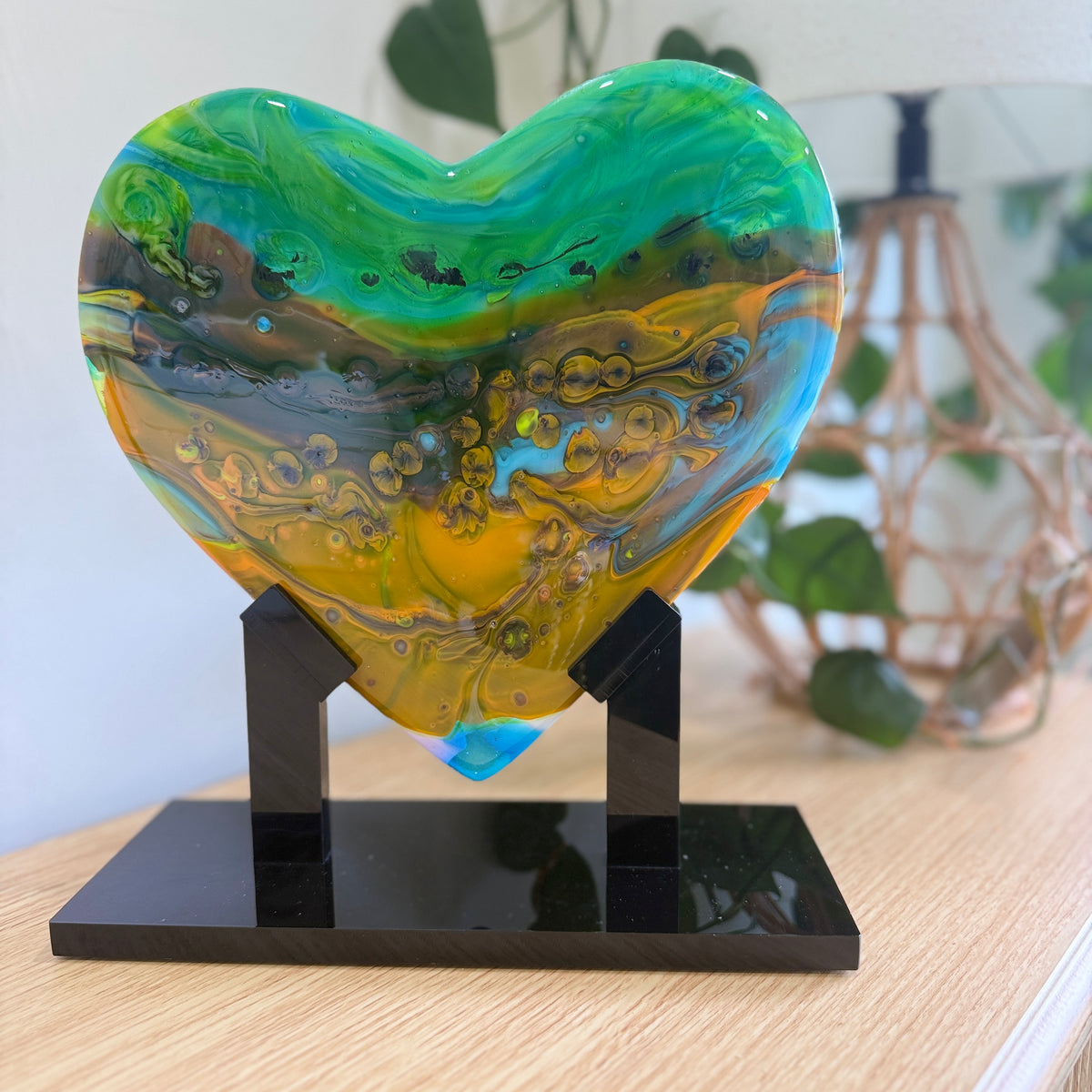 Green & Orange Glass Heart Sculpture