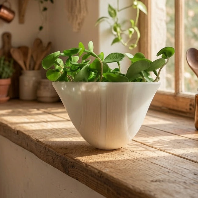 A neutral glass planter bowl filled with green leafy plants, placed on a rustic wooden windowsill in a sunlit kitchen with shelves, copper mugs, hanging greenery, and wooden spoons nearby.