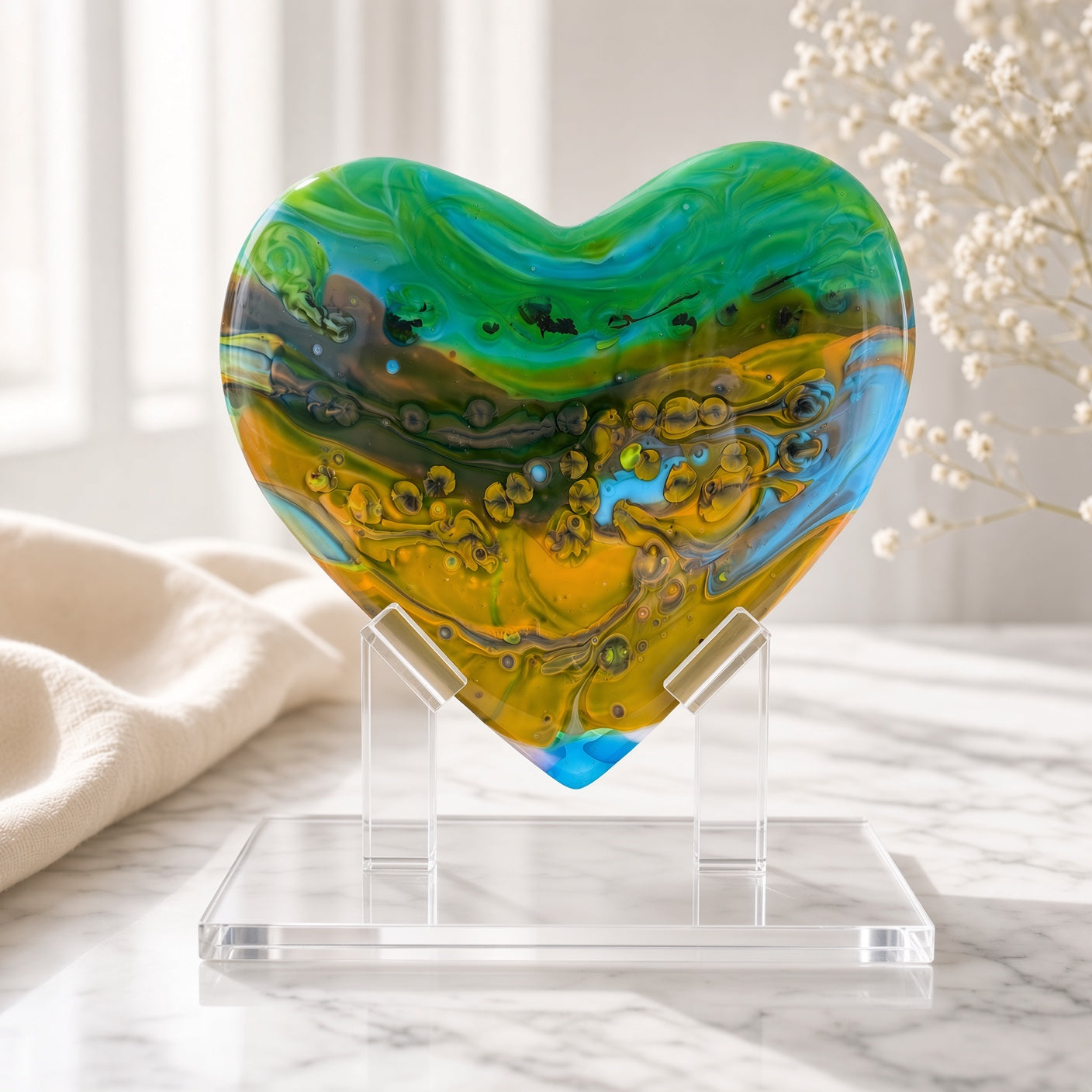 Green, orange, and blue swirled glass heart sculpture on a clear acrylic stand on a marble surface - handmade fused art glass keepsake