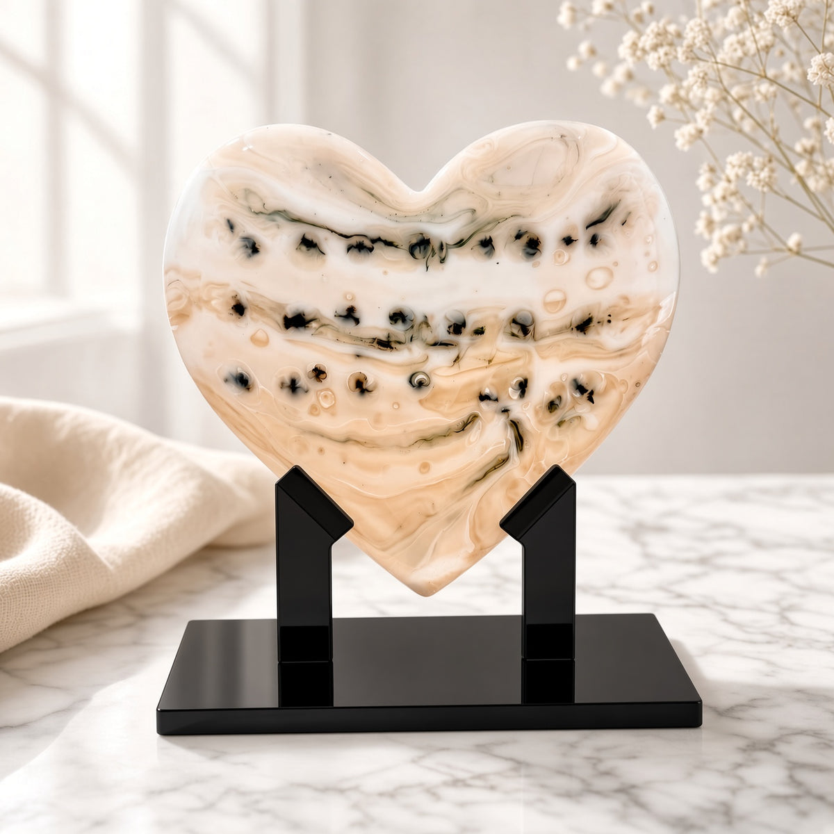 Neutral cream and black speckled glass heart sculpture on a black stand on a marble surface - handmade fused art glass keepsake