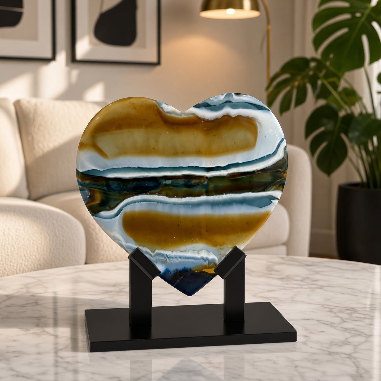 Amber & Navy Blue Glass Heart Sculpture