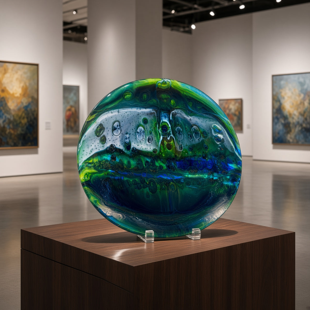 A large oval glass sculpture with swirling green, blue, and teal patterns sits on clear display stands atop a dark wood pedestal in an art gallery.