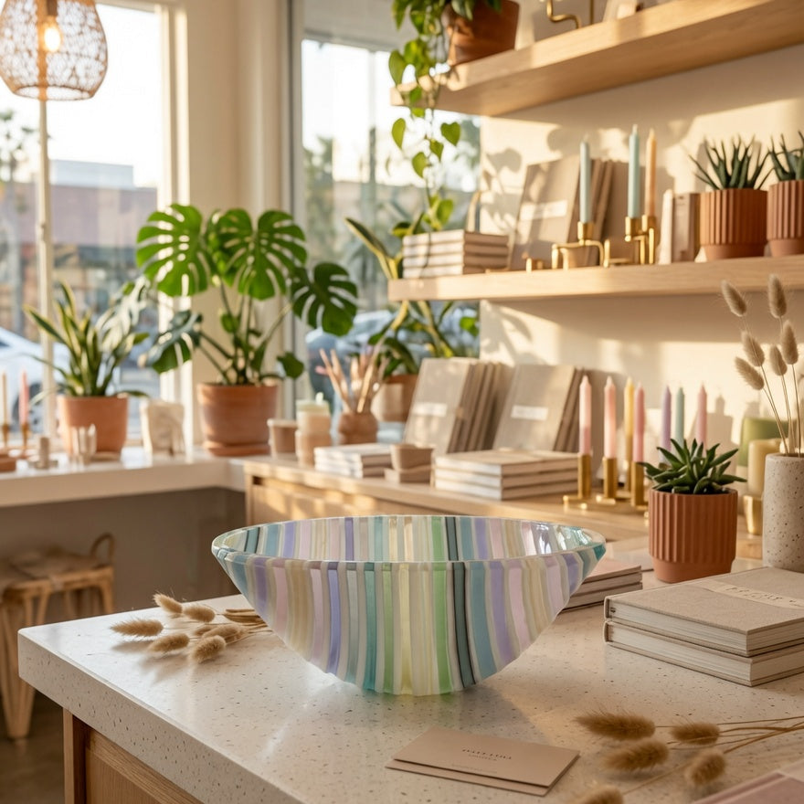 A small ribbed glass vase with pastel vertical stripes in blue, green, yellow, and purple sits on a light speckled countertop in a bright, modern interior with shelves, plants, and warm lighting.