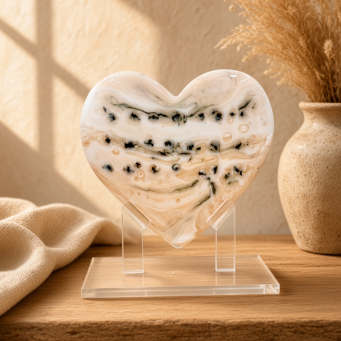 Neutral cream and black speckled glass heart sculpture on a clear acrylic stand on a wood table - handmade fused art glass keepsake