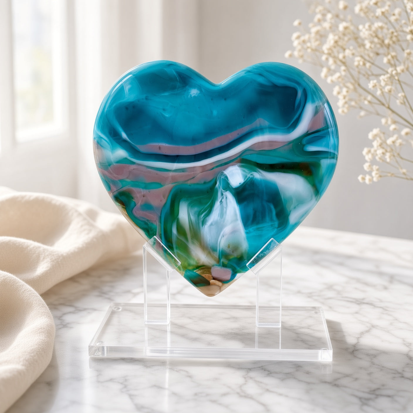 Turquoise fused glass heart sculpture on a clear acrylic stand, styled on a marble surface with soft linen — handmade art glass decor.