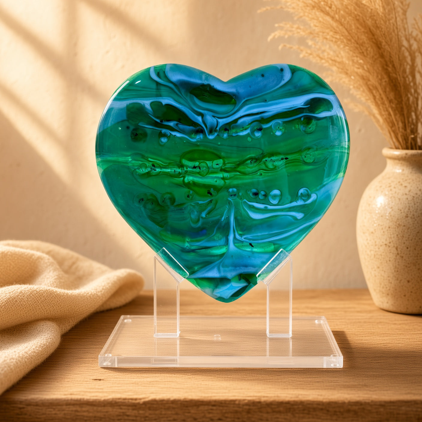 Emerald Tide green fused glass heart sculpture on a clear acrylic stand, styled on a wood table with dried grass and a vase — handmade art glass decor.