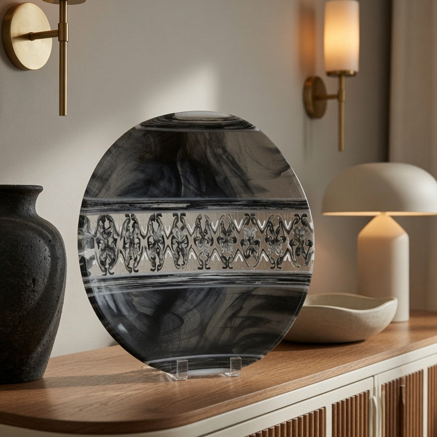 A round decorative glass plate with a black and gray marbled pattern and a textured clear band across the center, displayed on a wooden console table in a modern interior setting.