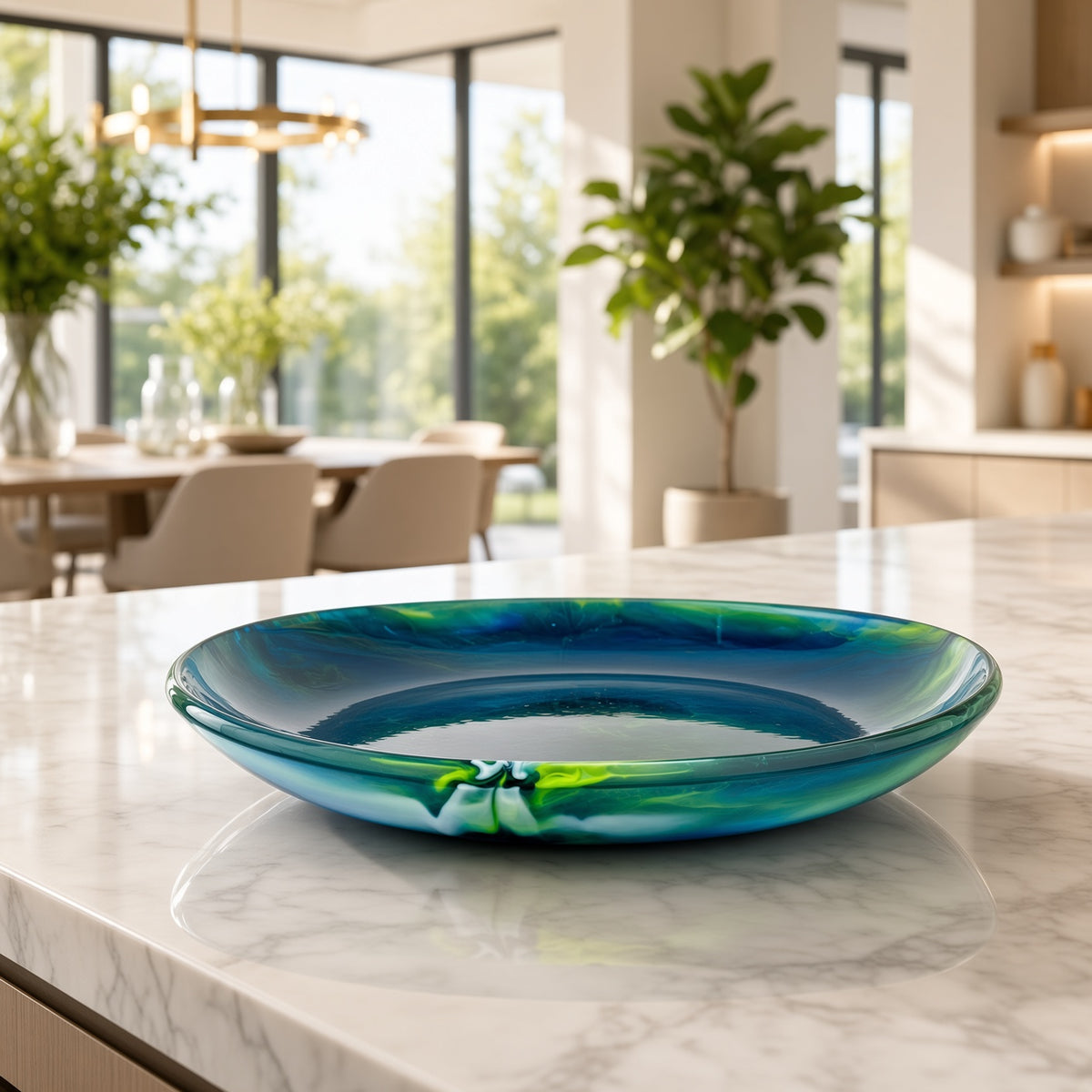 A shallow round glass bowl with a marbled blue and green pattern, resting on a white marble kitchen island in a bright, modern dining room.