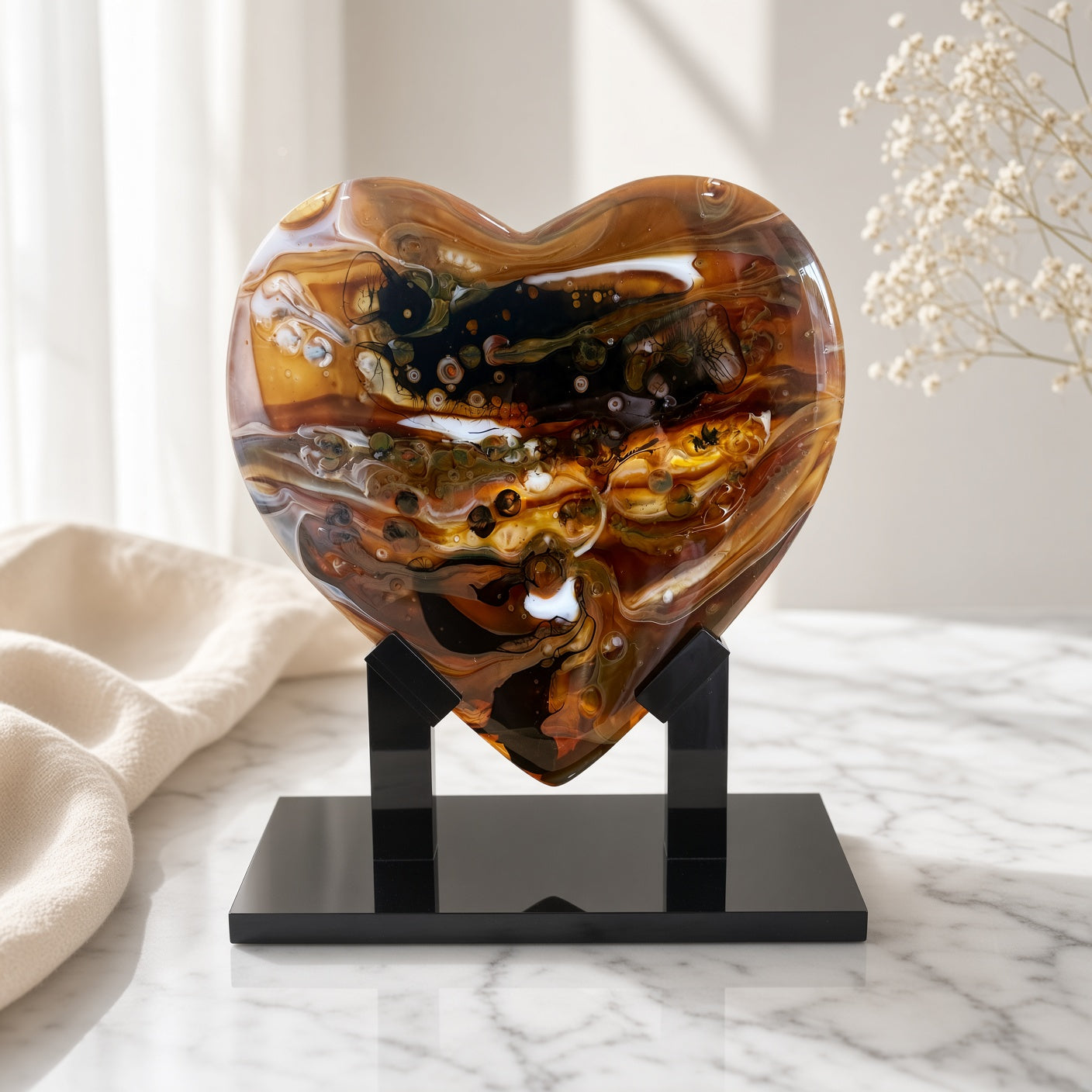 Espresso brown and amber swirled glass heart sculpture on a black stand on a marble surface - handmade fused art glass keepsake