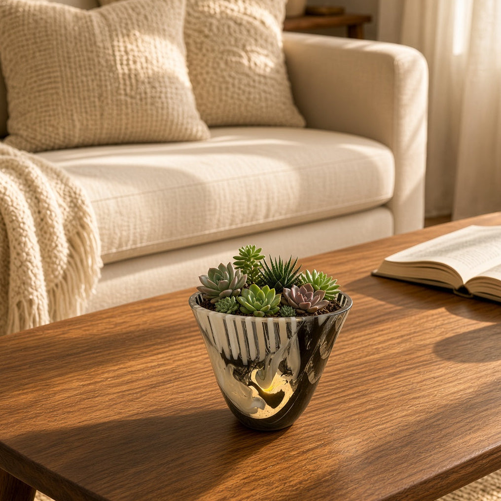 A small potted succulent in a black and white striped reflective planter sits on a wooden coffee table in a warm, sunlit living room with a beige sofa and throw blanket in the background.