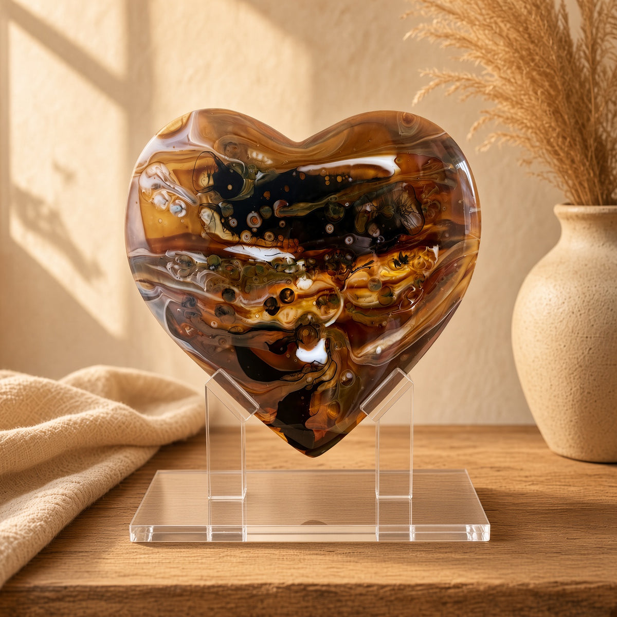 Espresso brown and amber swirled glass heart sculpture on a clear acrylic stand on a wood table - handmade fused art glass keepsake