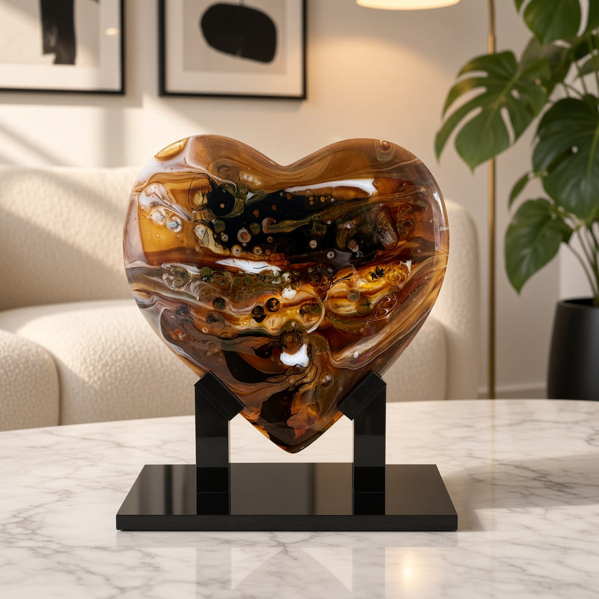 Espresso brown and amber swirled glass heart sculpture on a black stand on a marble table - handmade fused art glass keepsake