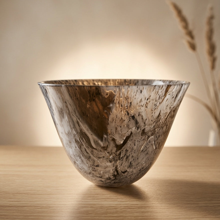 A rustic, handcrafted ceramic bowl with a marbled brown, beige, and black pattern, displayed on a light wood table against a warm beige background with dried wheat stalks.