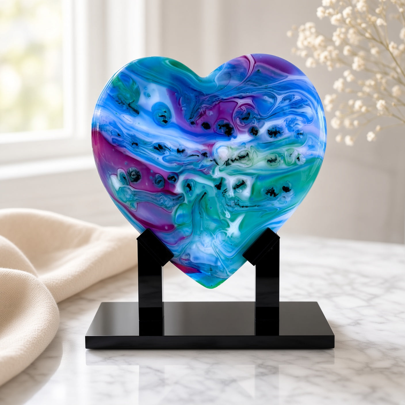 Blue, purple, and teal marbled glass heart sculpture on a black stand on a marble surface - handmade fused art glass keepsake