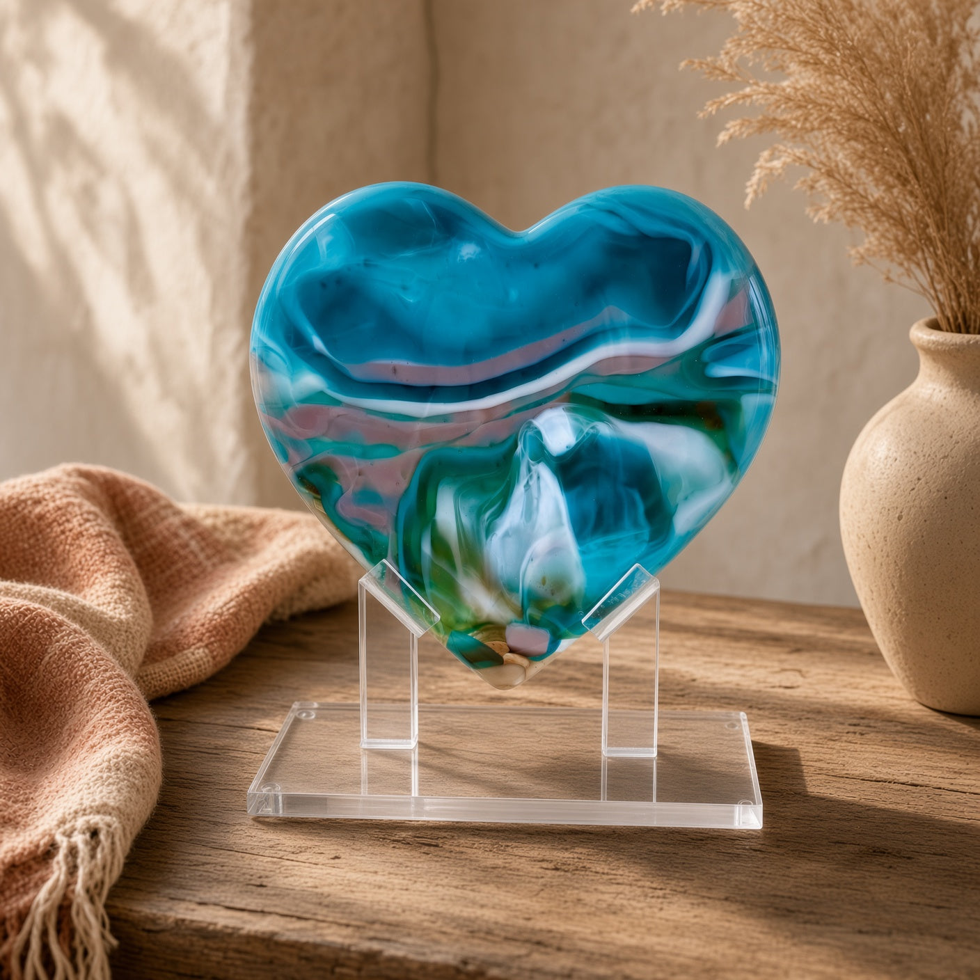 Turquoise Glass Heart Sculpture