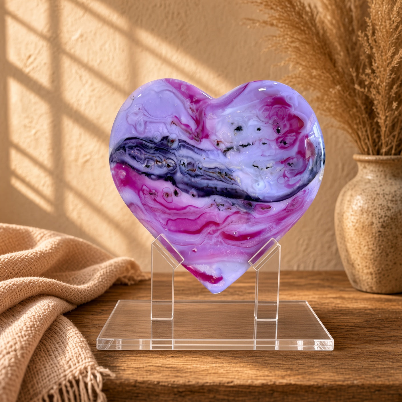 Purple, pink, white, and dark blue marbled glass heart sculpture on a clear acrylic stand on a wooden table - handmade fused art glass keepsake