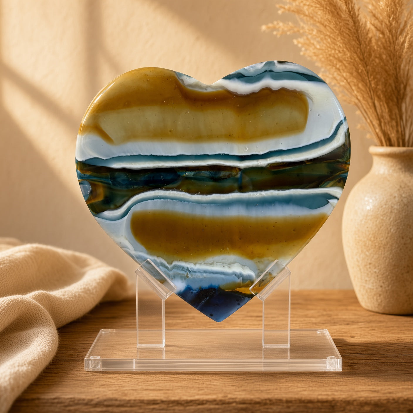 Amber and navy blue banded fused glass heart sculpture on clear acrylic stand, styled on wooden table with vase - handmade art glass keepsake