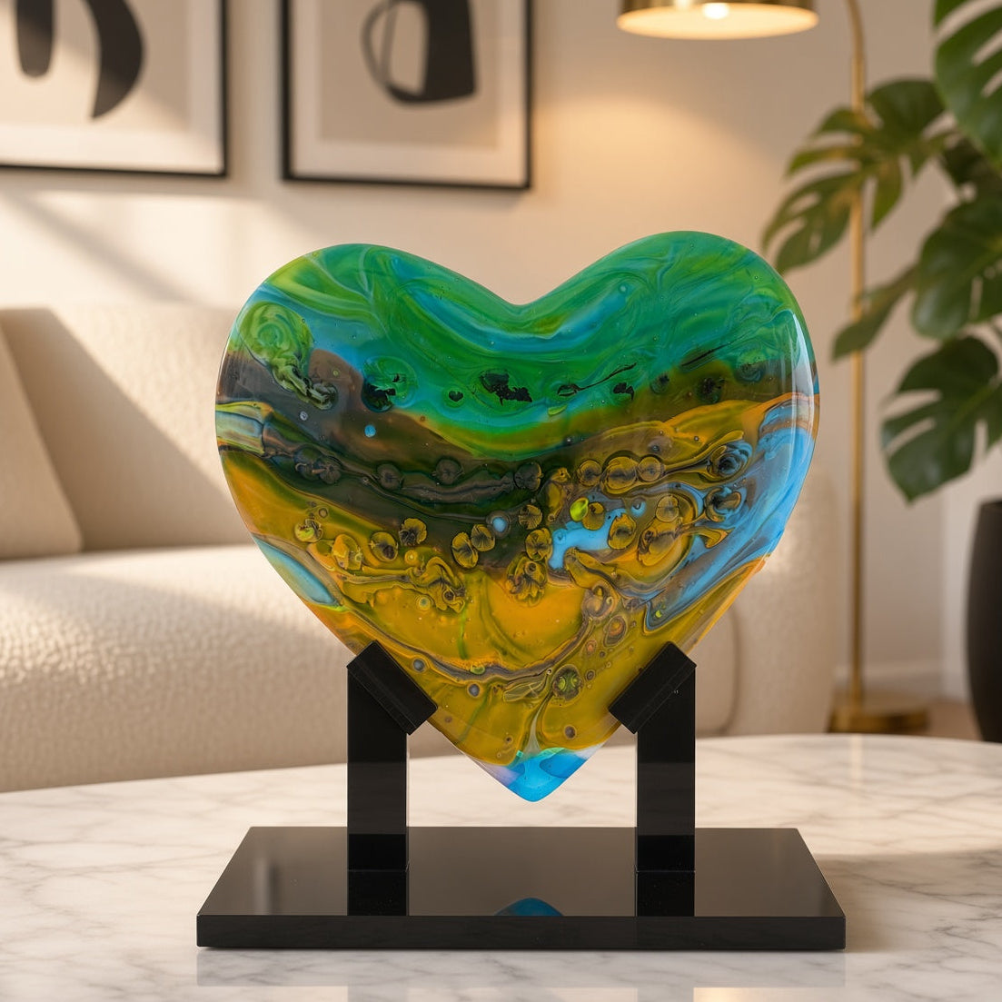 Green, orange, and blue swirled glass heart sculpture on a black stand on a marble surface - handmade fused art glass keepsake