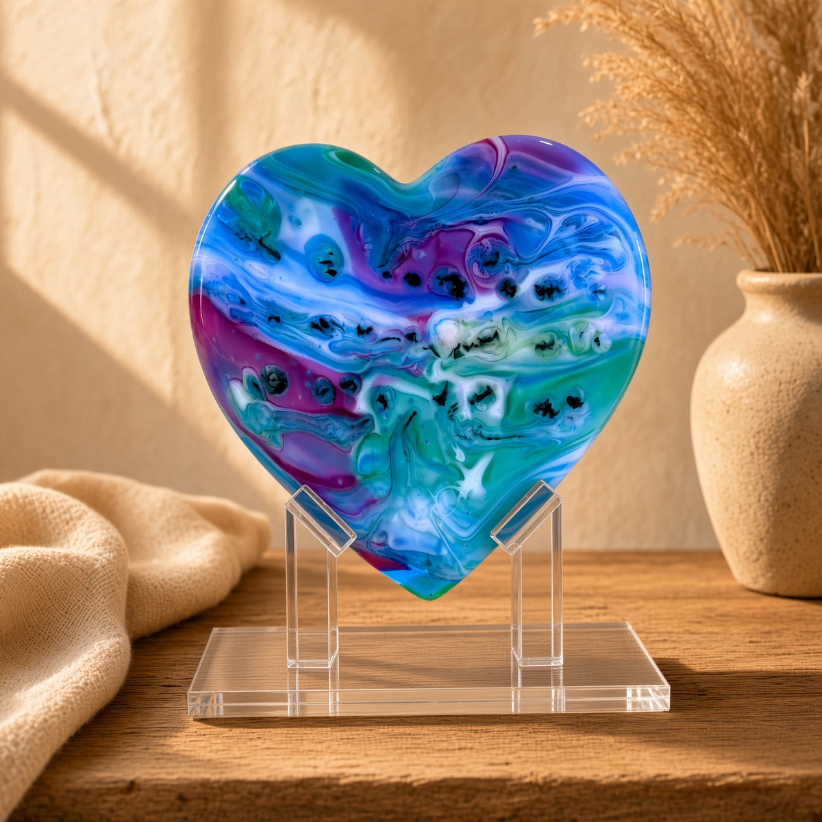 Blue, purple, and teal marbled glass heart sculpture on a clear acrylic stand on a wooden table with a beige textured background - handmade fused art glass keepsake