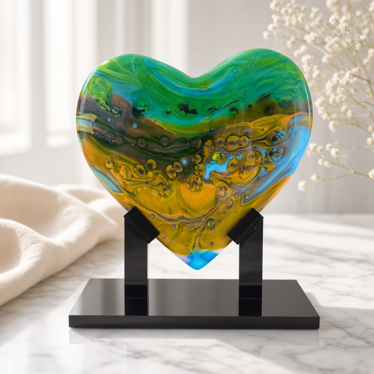 Green, orange, and blue swirled glass heart sculpture on a black stand on a marble surface - handmade fused art glass keepsake