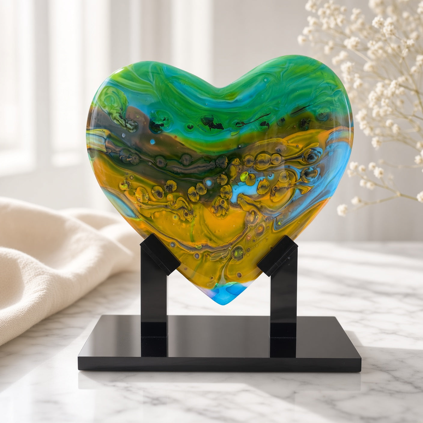 Green, orange, and blue swirled glass heart sculpture on a black stand on a marble surface - handmade fused art glass keepsake