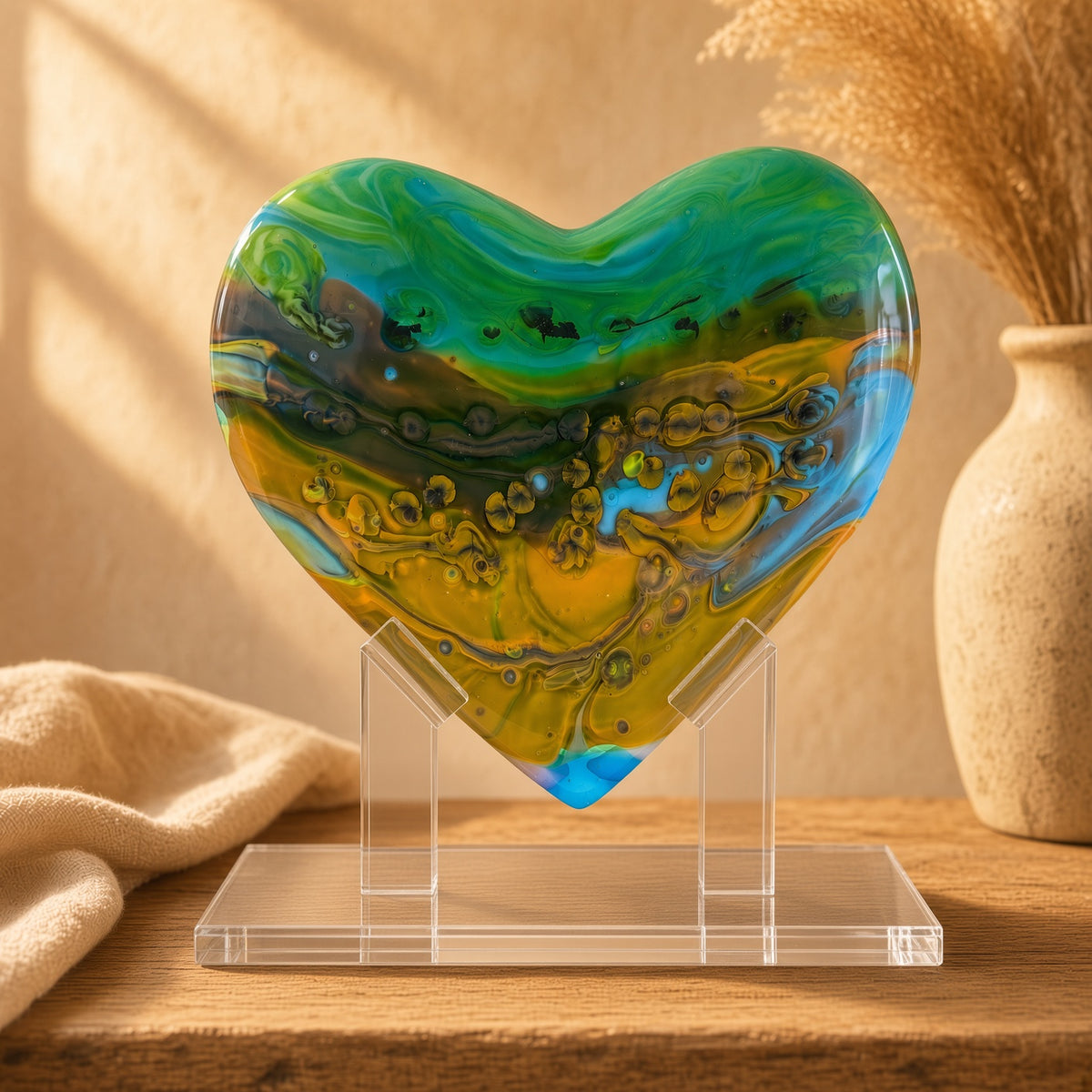 Green, orange, and blue swirled glass heart sculpture on a clear acrylic stand on a wood table - handmade fused art glass keepsake