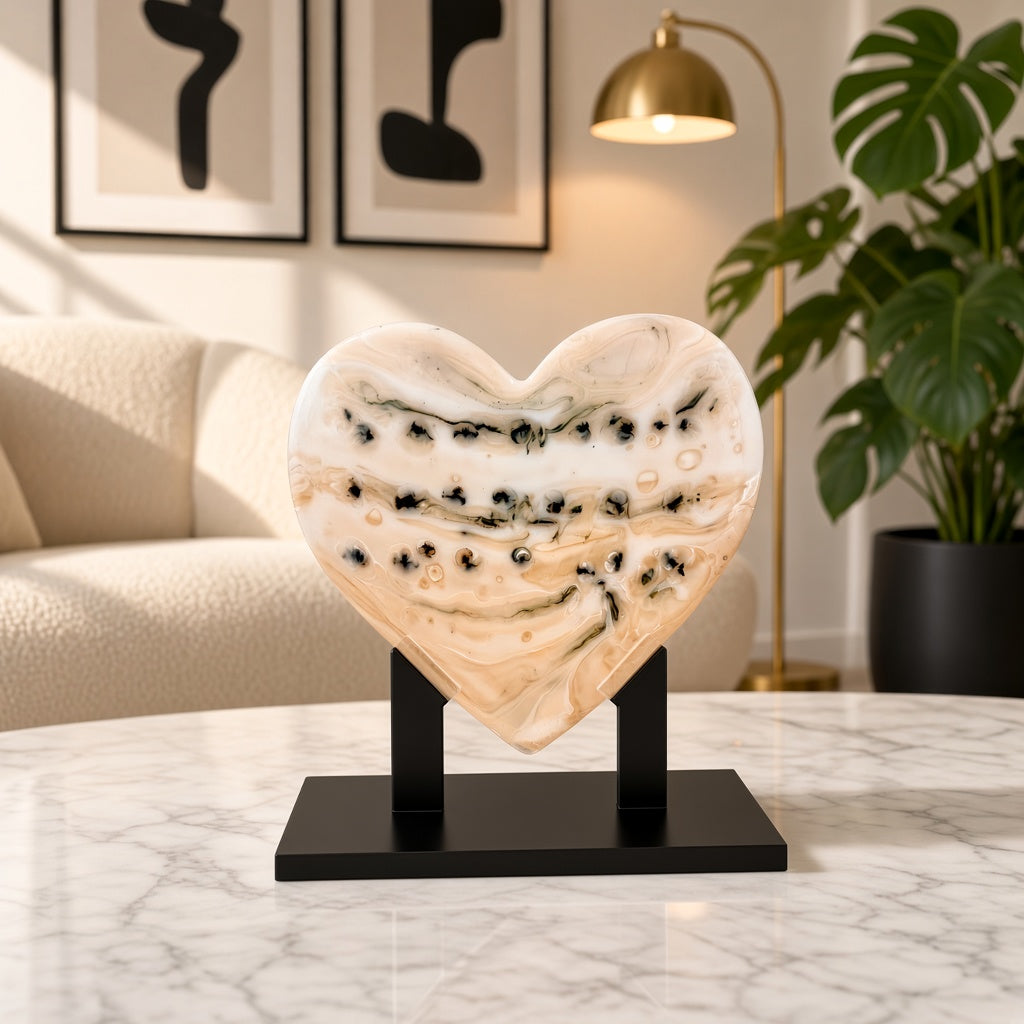 Neutral cream and black speckled glass heart sculpture on a black stand on a marble table - handmade fused art glass keepsake