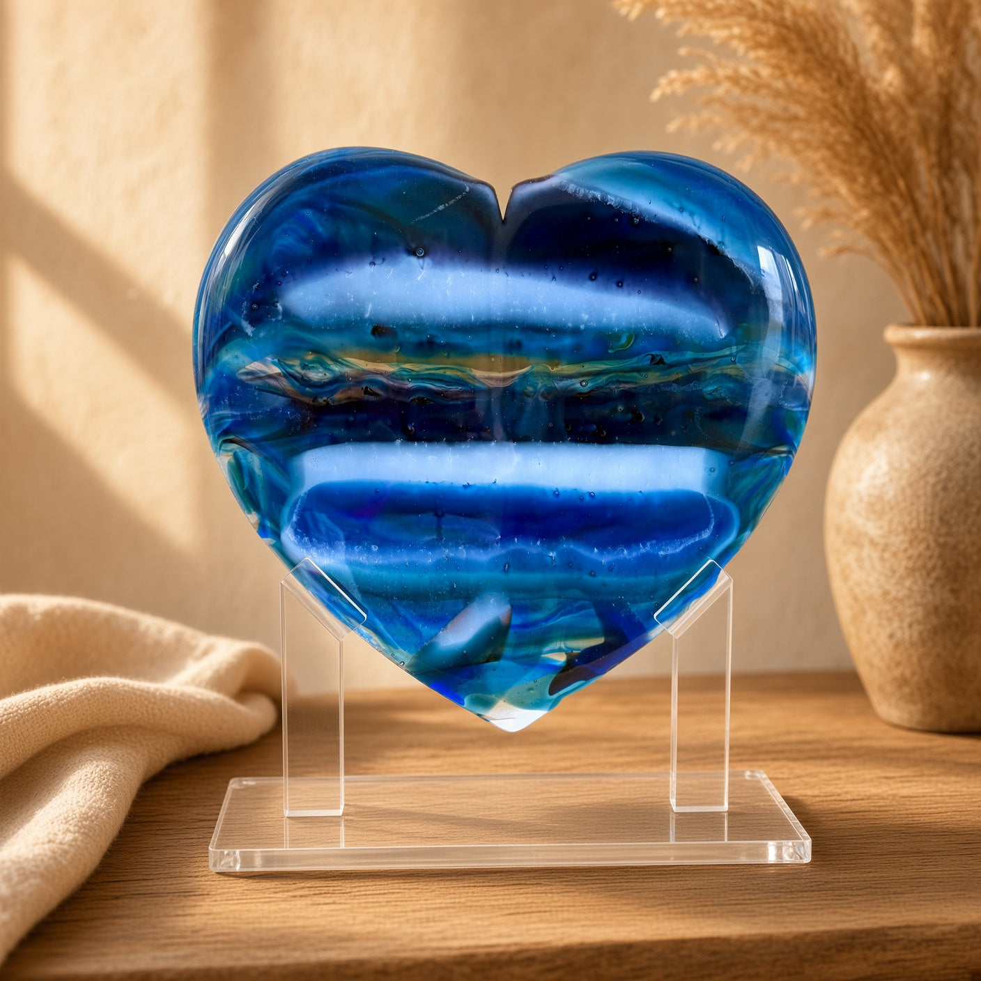 XL blue banded fused glass heart sculpture on a clear acrylic stand, styled on a wood table with dried grass and a vase — handmade art glass decor.