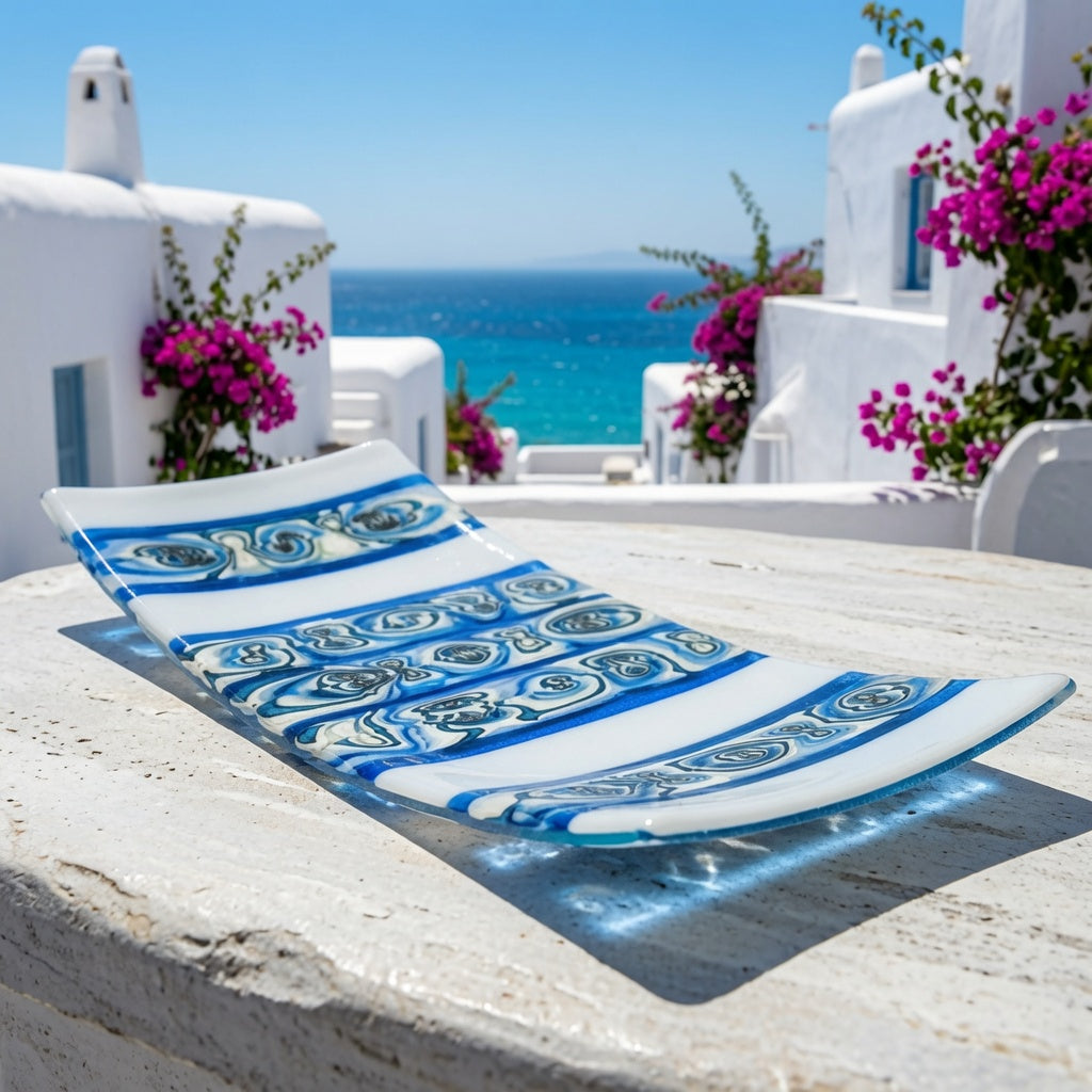 A rectangular glass serving platter with blue and white Mediterranean-style patterns, resting on a white stone table with a scenic background of white buildings, pink flowers, and the blue sea.